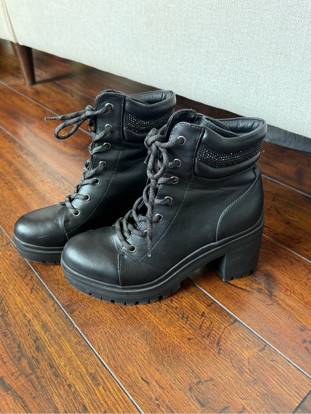 Nine West Black Lace-Up Chunky Heel Ankle Combat Boots